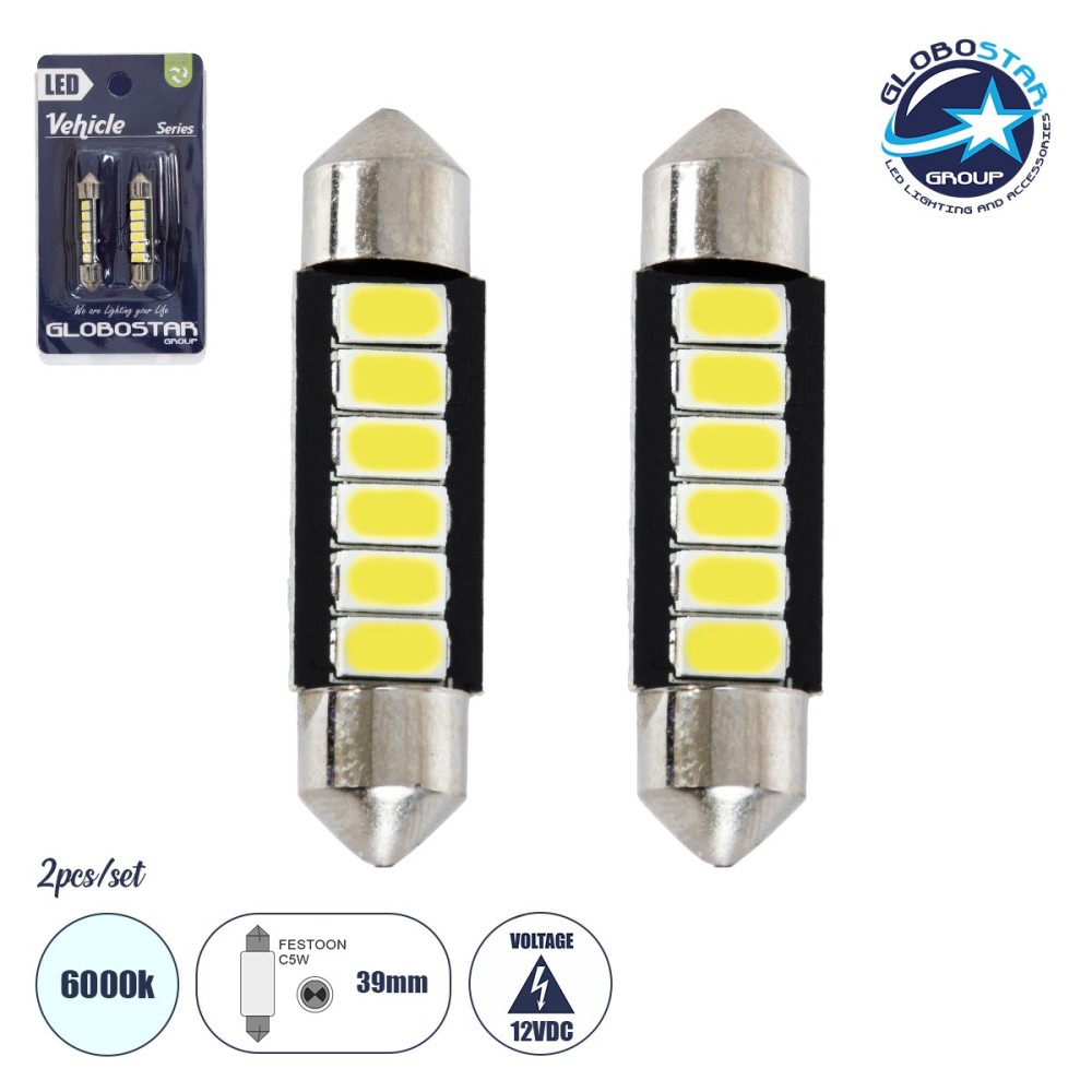 GloboStar® C5W 81303-B Λάμπες Αυτοκινήτου LED 39mm FESTOON - 6xSMD5630 3W 450lm 120° DC 12-16V IP20 Μ3.9 x Π0.9 x Υ0.9cm Ψυχρό Λευκό 6000K - Σετ 2 Τεμαχίων σε Blister